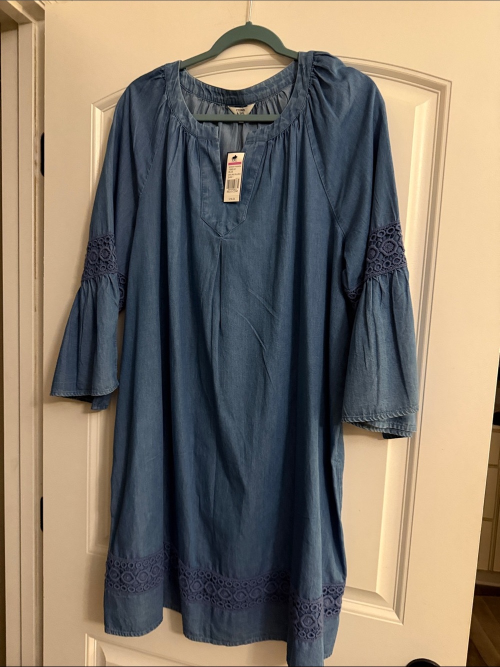 crown & ivy Light Blue Denim-Style Tunic with Crochet Trim